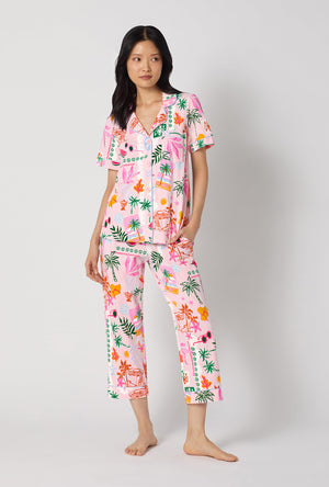 A Lady Wearing Tropical Daydream Short Sleeve Classic Stretch Jersey Cropped Pj Set