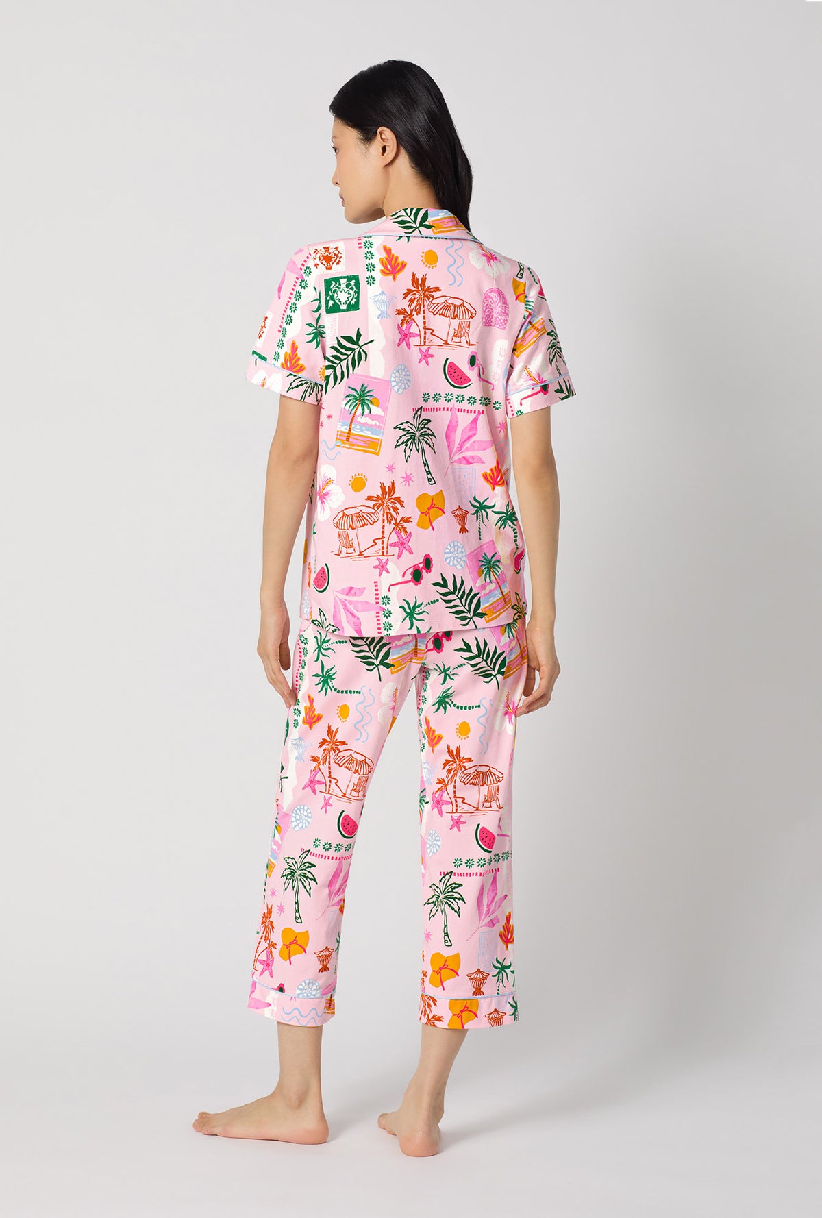 A Lady Wearing Tropical Daydream Short Sleeve Classic Stretch Jersey Cropped Pj Set showing the back view
