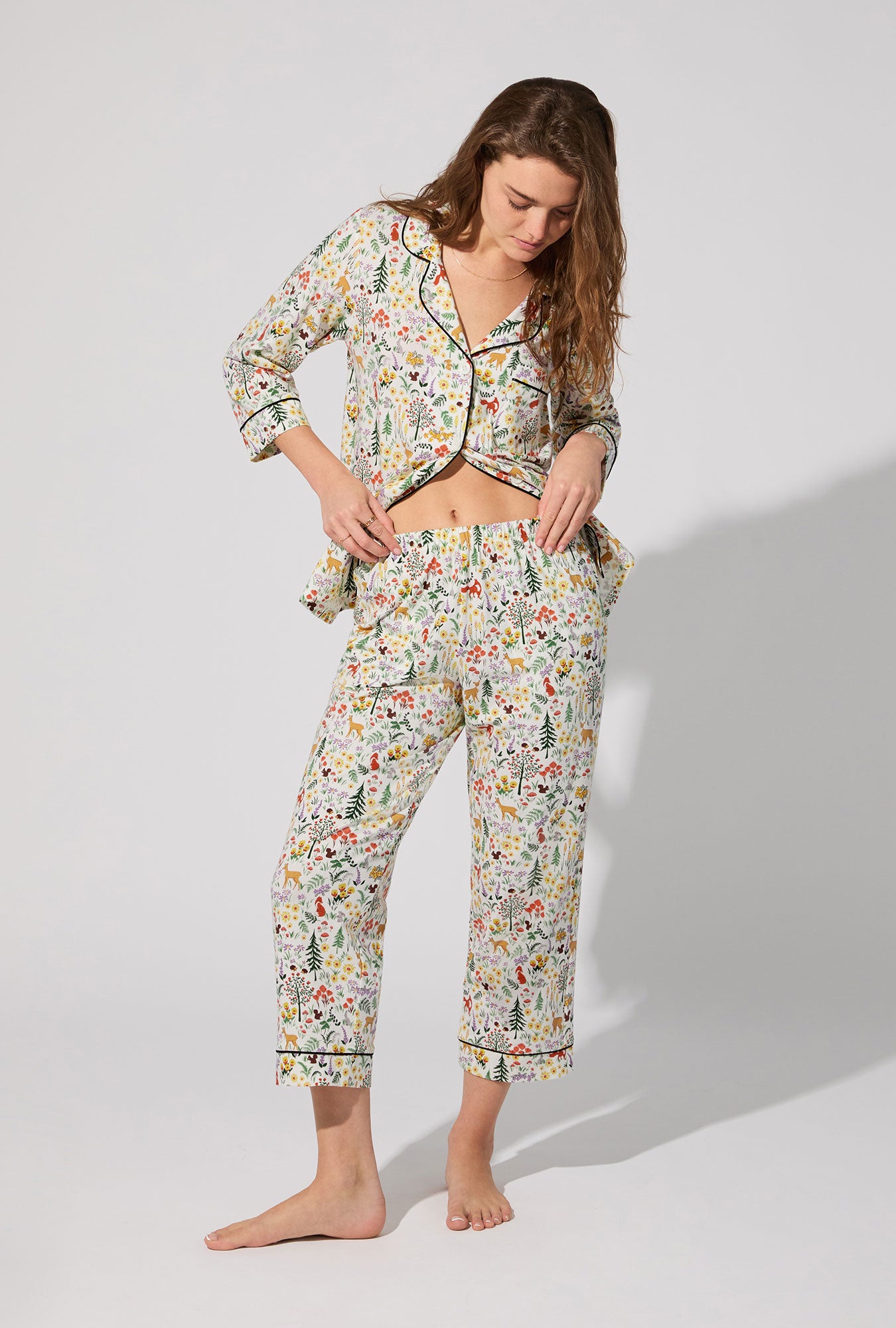 A lady wearing Forest Trails 3/4 Sleeve Classic Stretch Jersey Cropped PJ Set