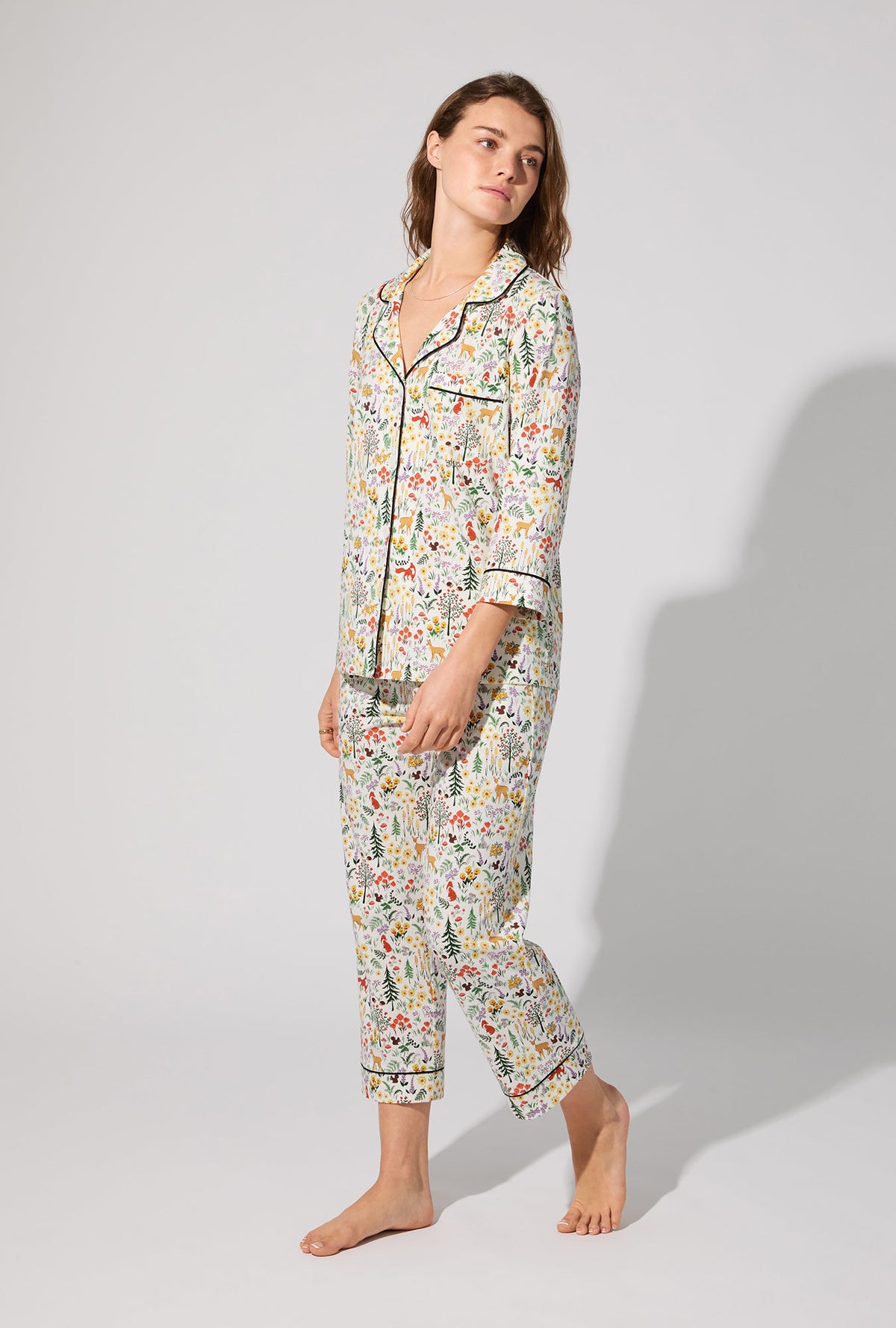 A lady wearing Forest Trails 3/4 Sleeve Classic Stretch Jersey Cropped PJ Set