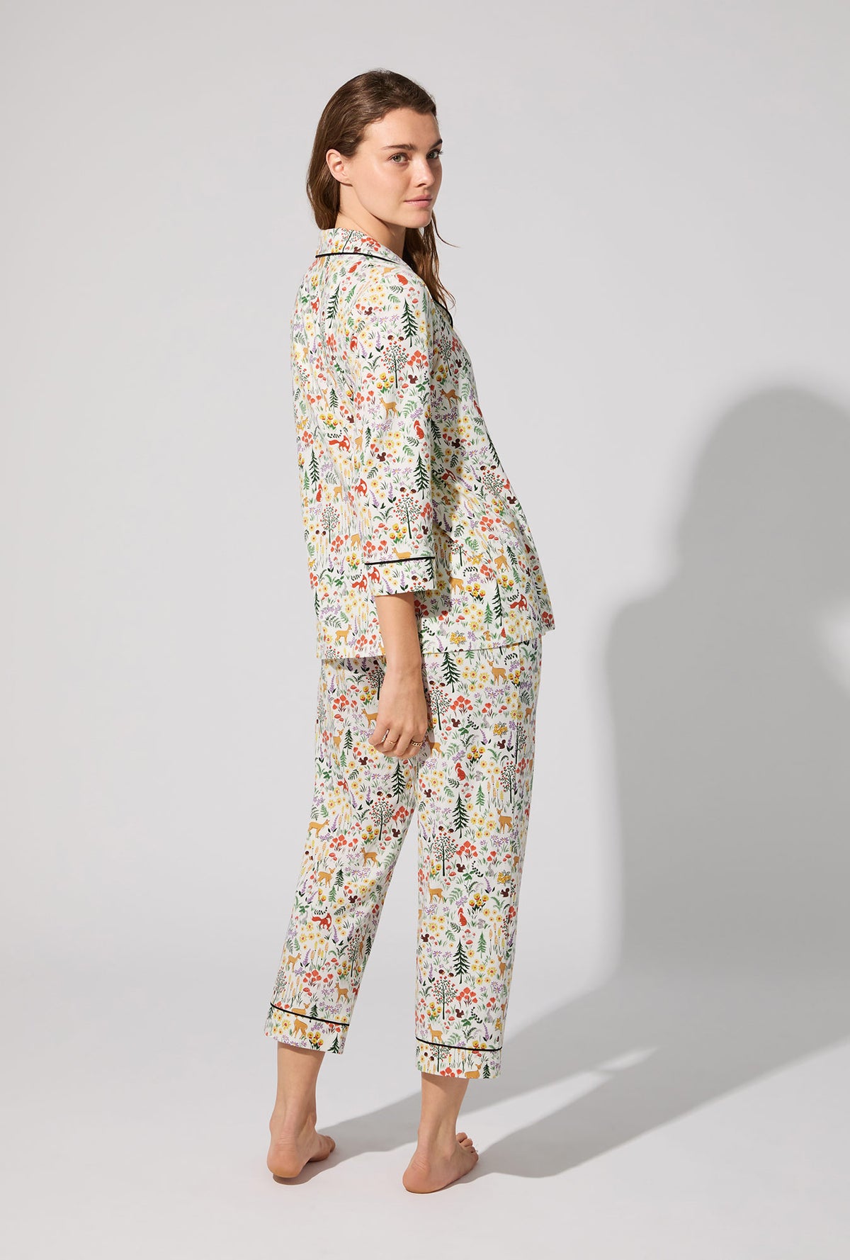 A lady wearing Forest Trails 3/4 Sleeve Classic Stretch Jersey Cropped PJ Set