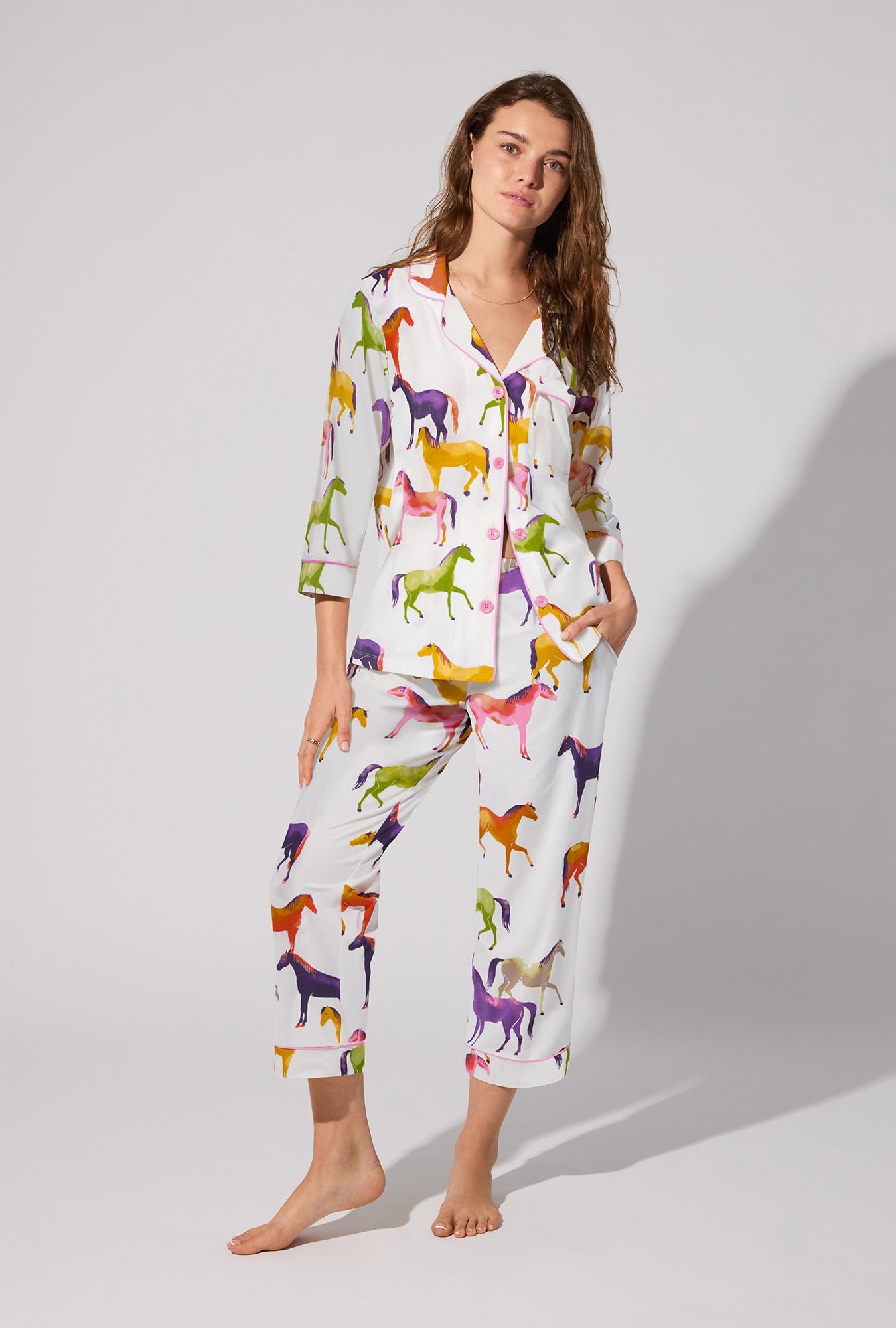 A lady wearing Equestrian Parade 3/4 Sleeve Classic Stretch Jersey Cropped PJ Set