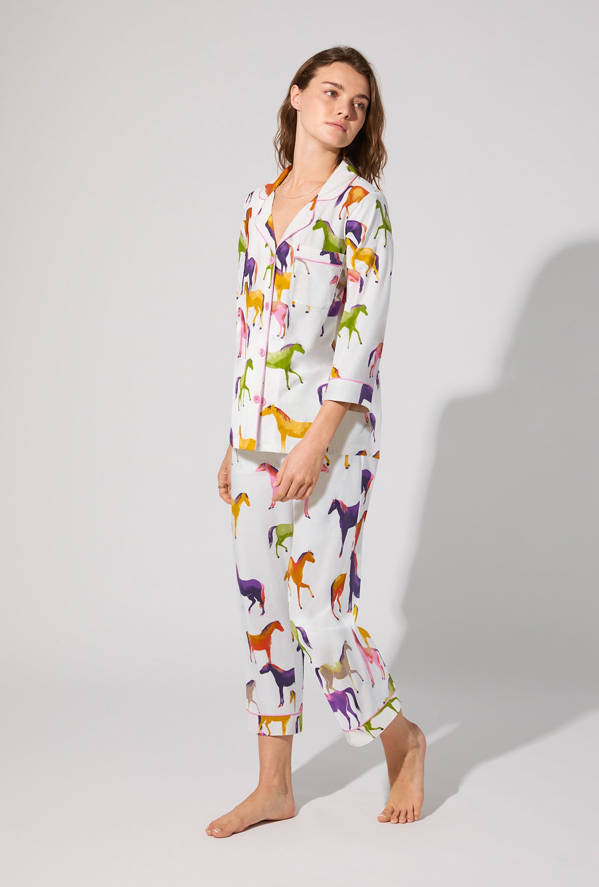 A lady wearing Equestrian Parade 3/4 Sleeve Classic Stretch Jersey Cropped PJ Set