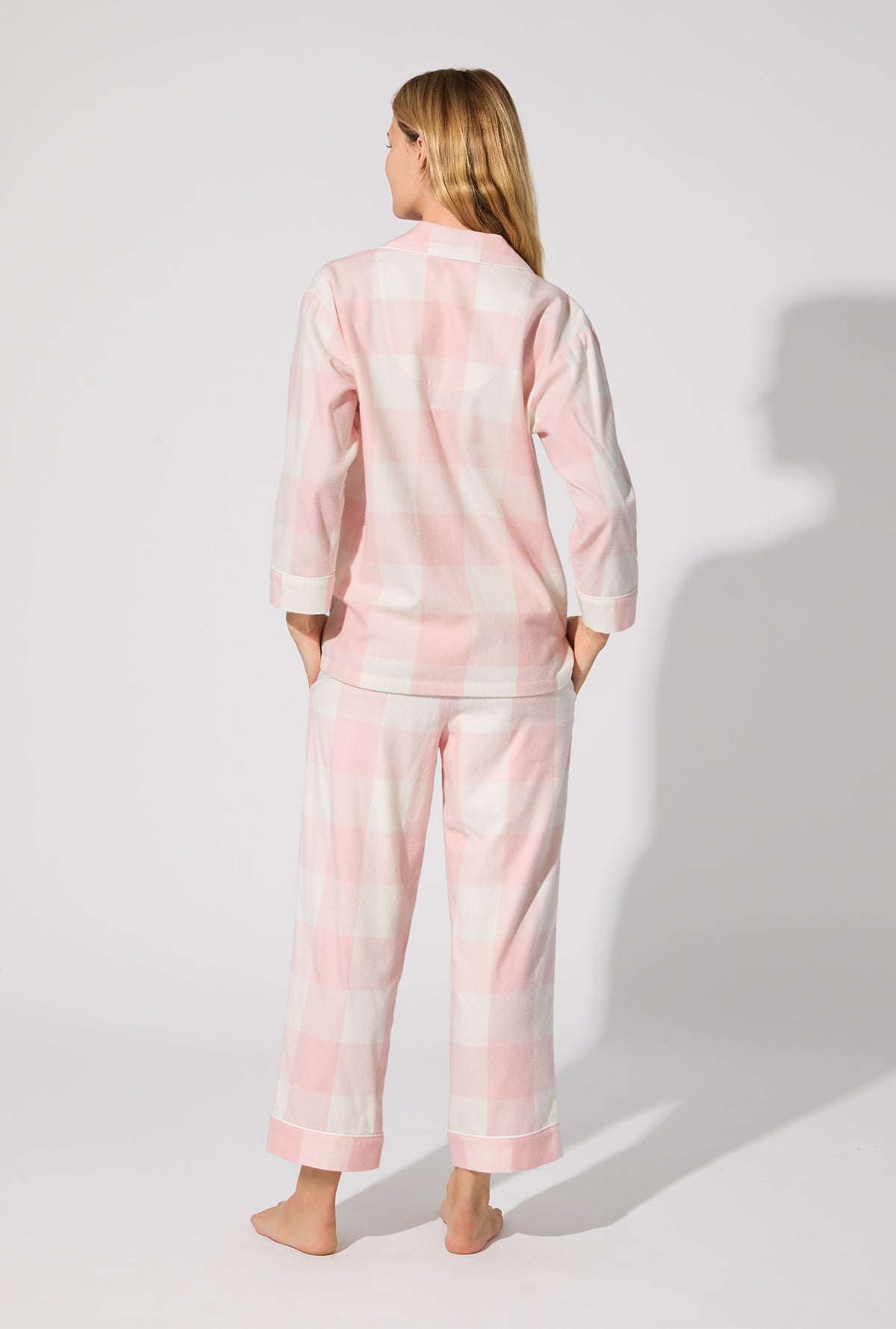 A lady wearing Checking In 3/4 Sleeve Classic Woven Portuguese Flannel Cropped PJ Set