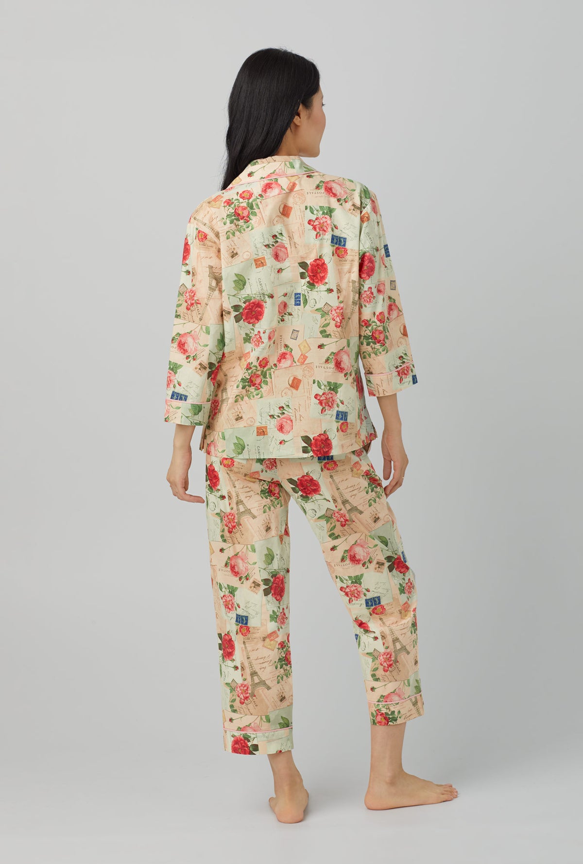 A lady wearing 3/4 Sleeve Classic Woven Cotton Poplin Cropped PJ Set with Love Notes print