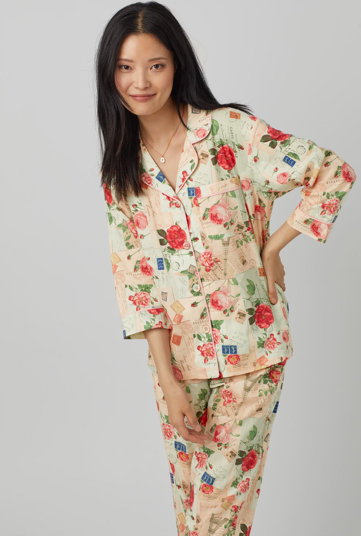 A lady wearing 3/4 Sleeve Classic Woven Cotton Poplin Cropped PJ Set with Love Notes print