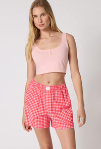 A lady wearing Jane Gingham Woven Portuguese Flannel Boxer Short