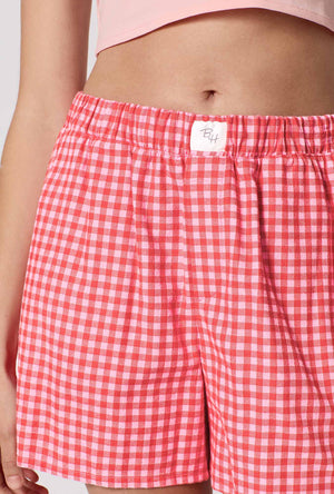 A lady wearing Jane Gingham Woven Portuguese Flannel Boxer Short closer look