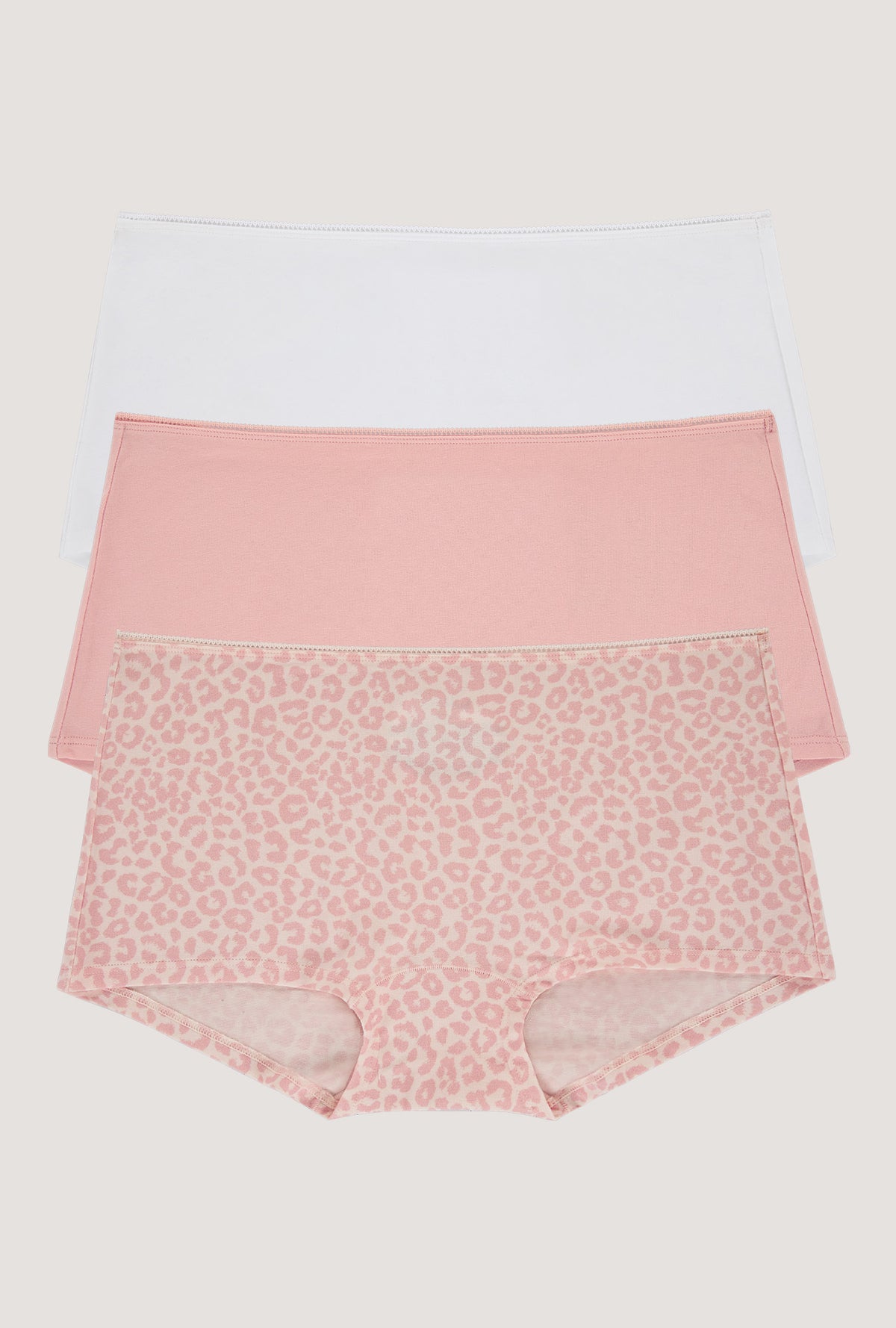 Stretch Jersey Boyshort Underwear 3 Pack- White, First Blush, Animal Instinct