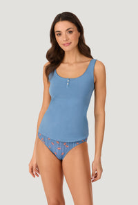 A lady wearing Country Blue Stretch Jersey Tank