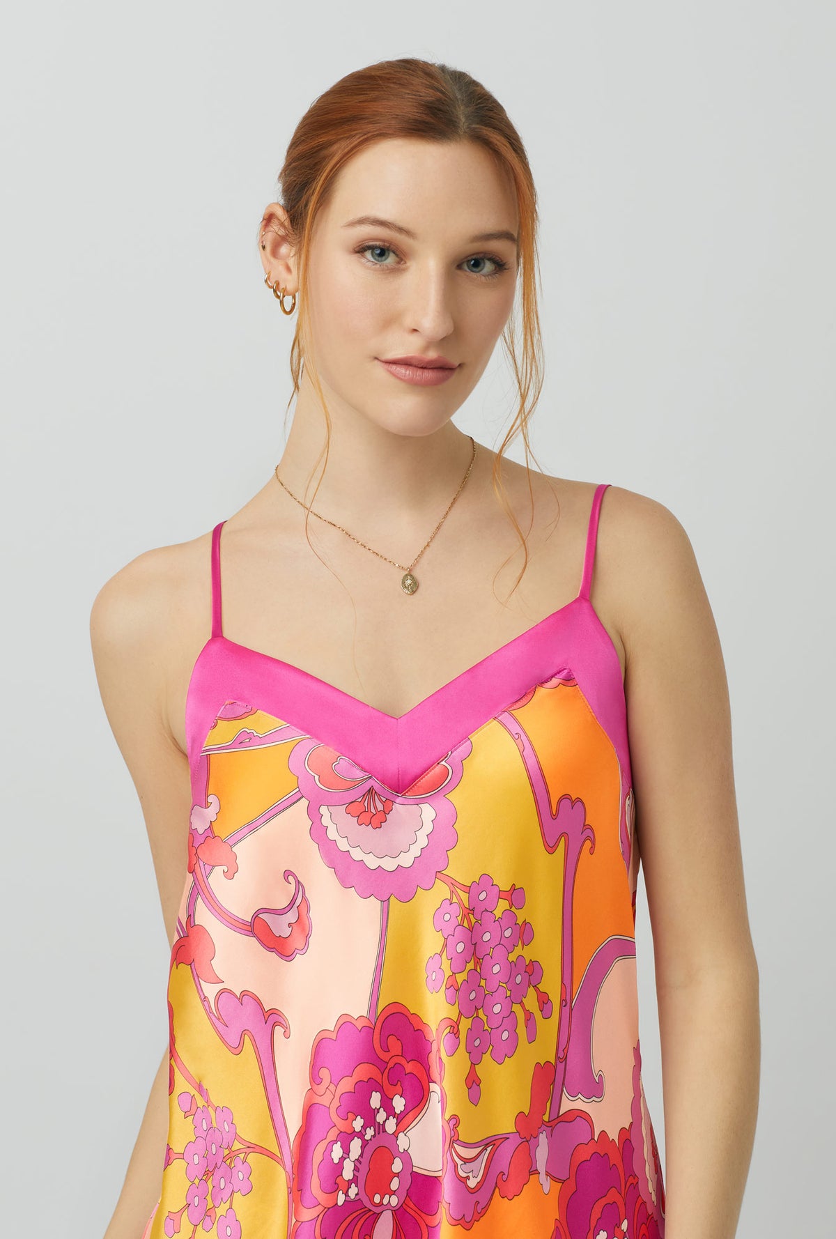 A lady wearing Silk Satin Chemise with apache bloom print