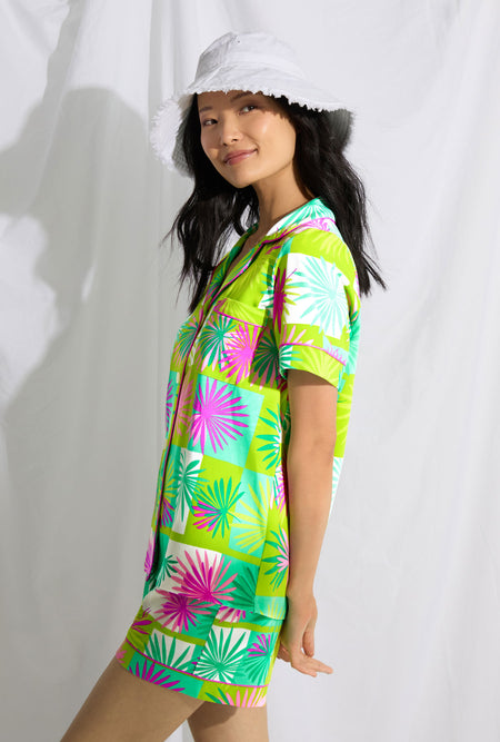 A lady wearing Short Sleeve Classic Shorty Stretch Jersey PJ Set with tropical tile print