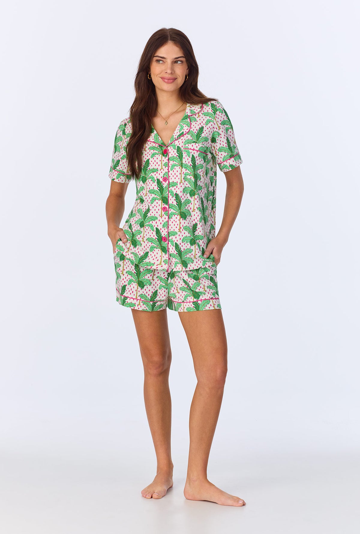 A lady wearing Palm Point Short Sleeve Classic Shorty Stretch Jersey PJ Set