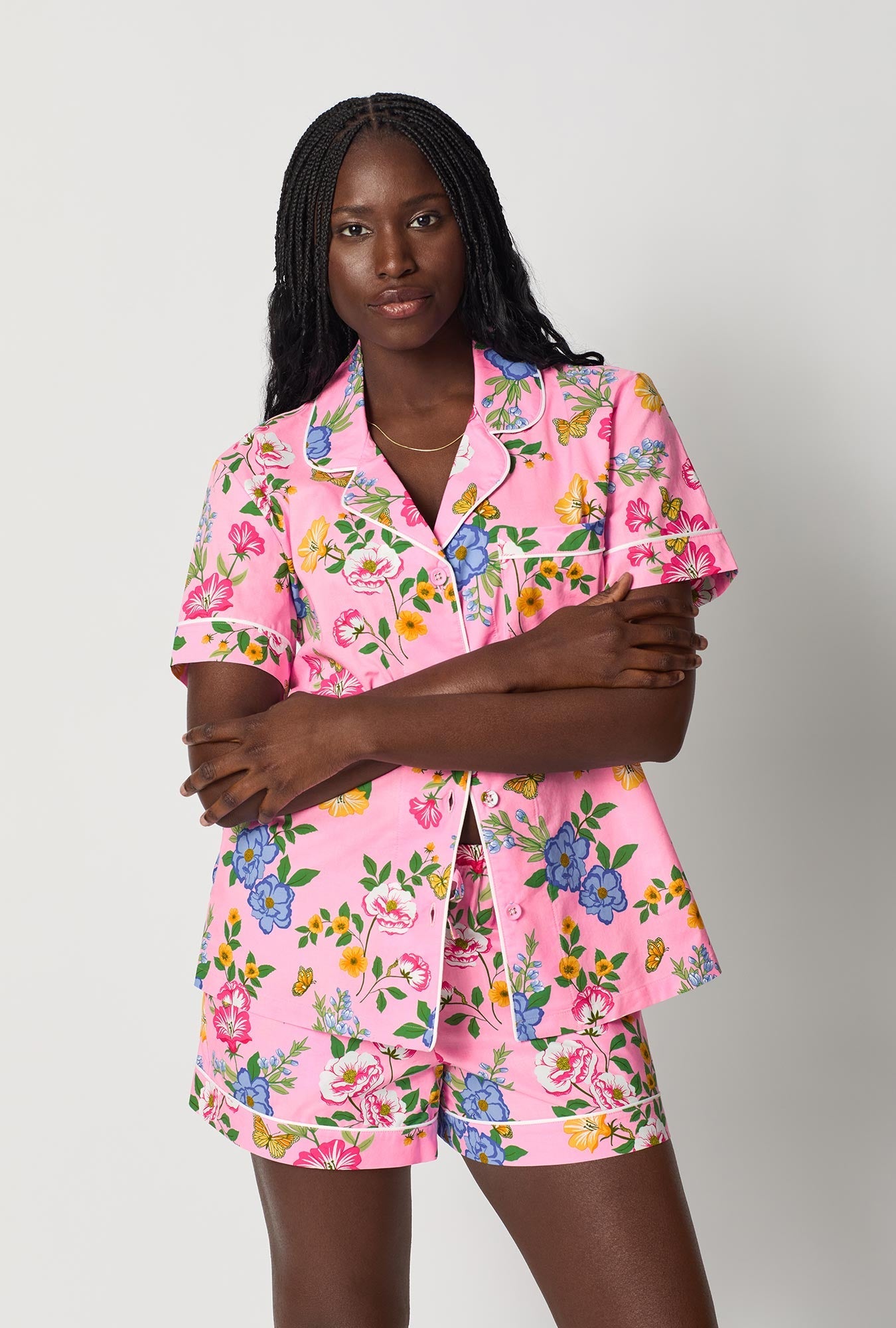 A closeup of A lady wearing Pink Short Sleeve Classic Woven Cotton Poplin Shorty Pj Set
