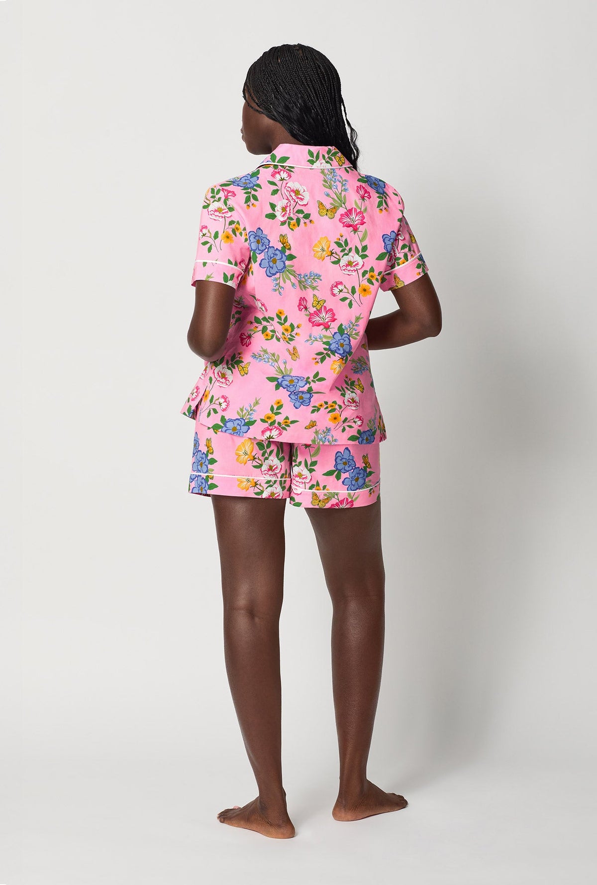 A lady wearing Pink Short Sleeve Classic Woven Cotton Poplin Shorty Pj Set back view