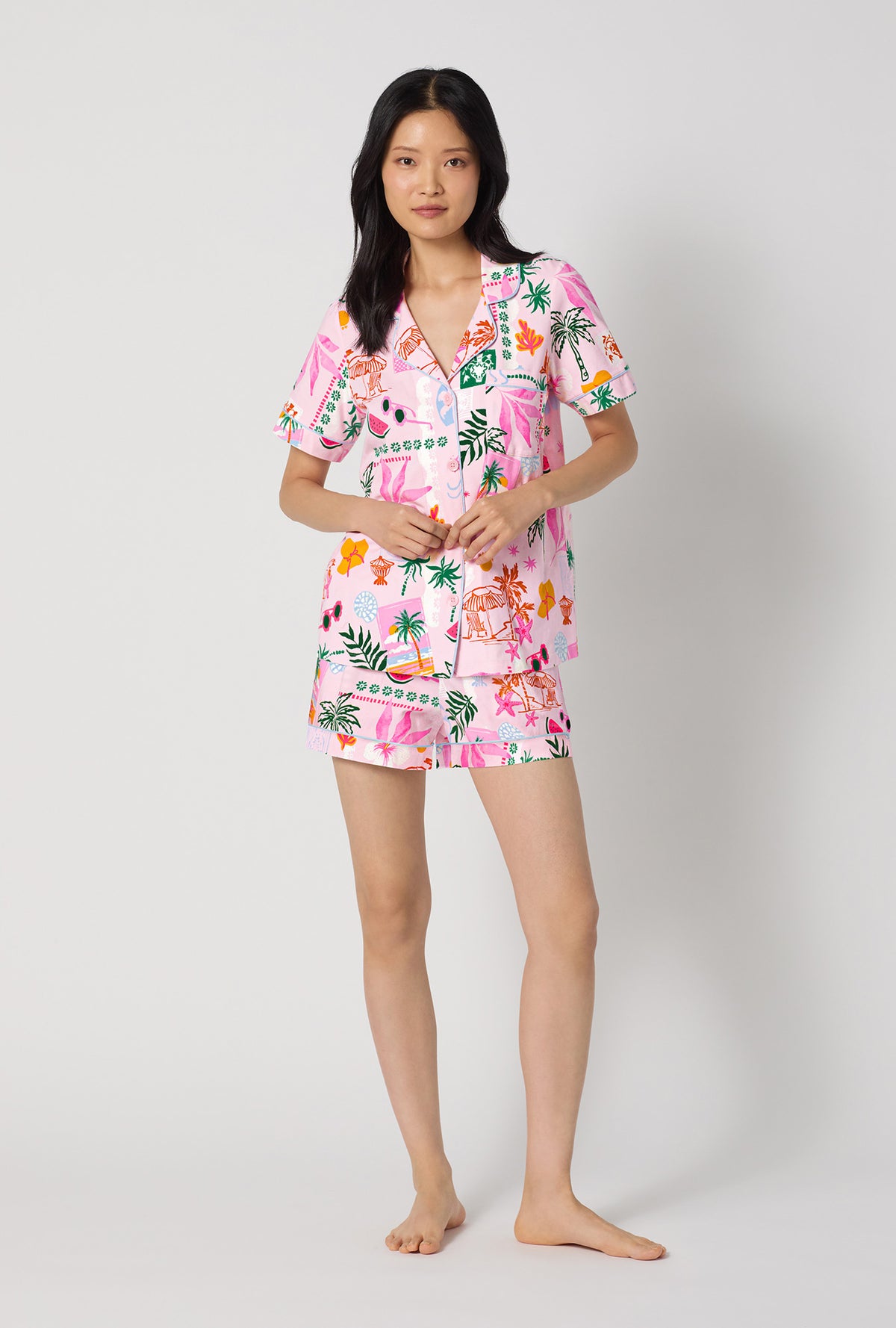 A Lady Wearing Tropical Daydream Short Sleeve Classic Shorty Stretch Jersey Pj Set