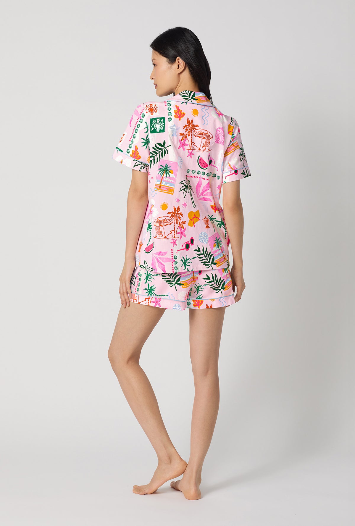 A Lady Wearing Tropical Daydream Short Sleeve Classic Shorty Stretch Jersey Pj Set showing back view