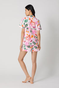 A Lady Wearing Tropical Daydream Short Sleeve Classic Shorty Stretch Jersey Pj Set showing back view