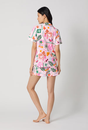 A Lady Wearing Tropical Daydream Short Sleeve Classic Shorty Stretch Jersey Pj Set showing back view