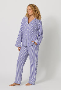 Navy Signature Stripe Long Sleeve Classic Woven Cotton Sateen Long PJ Set