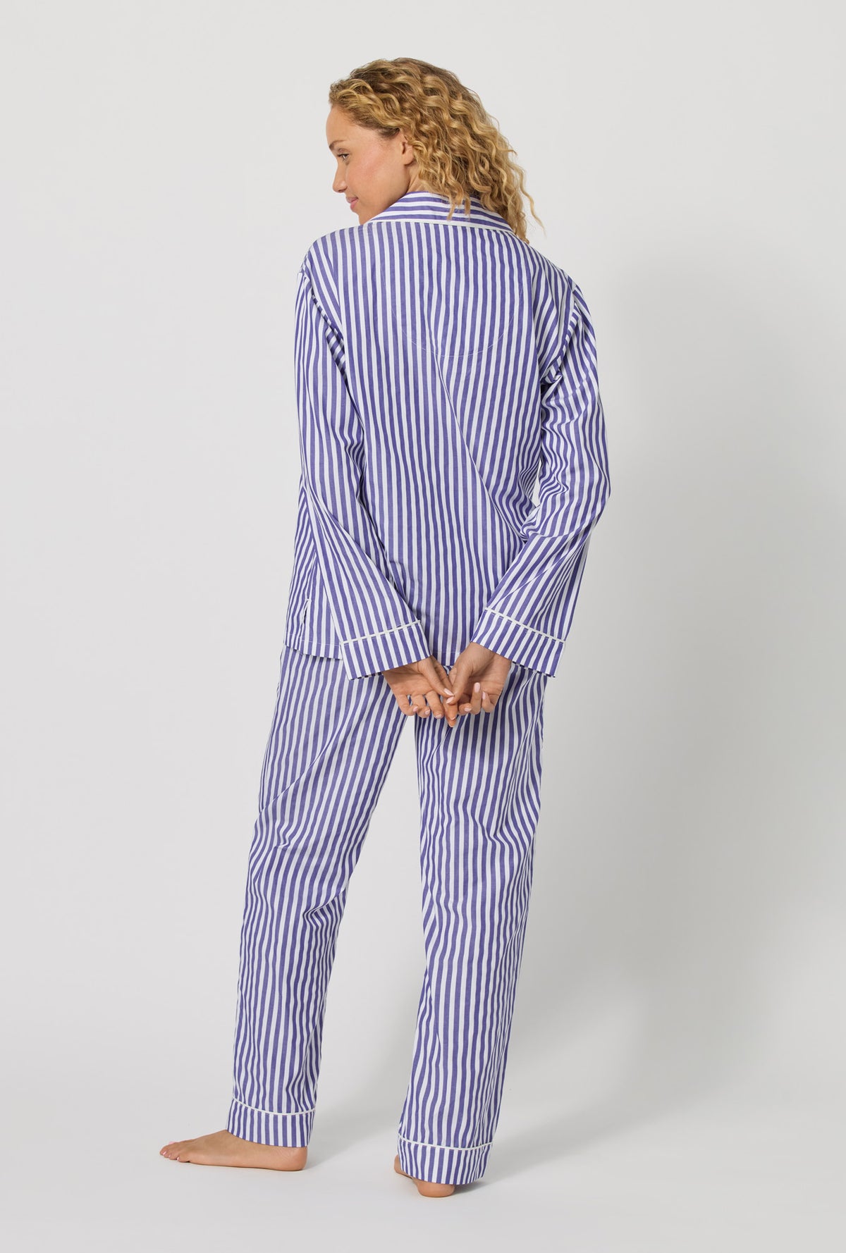 Navy Signature Stripe Long Sleeve Classic Woven Cotton Sateen Long PJ Set