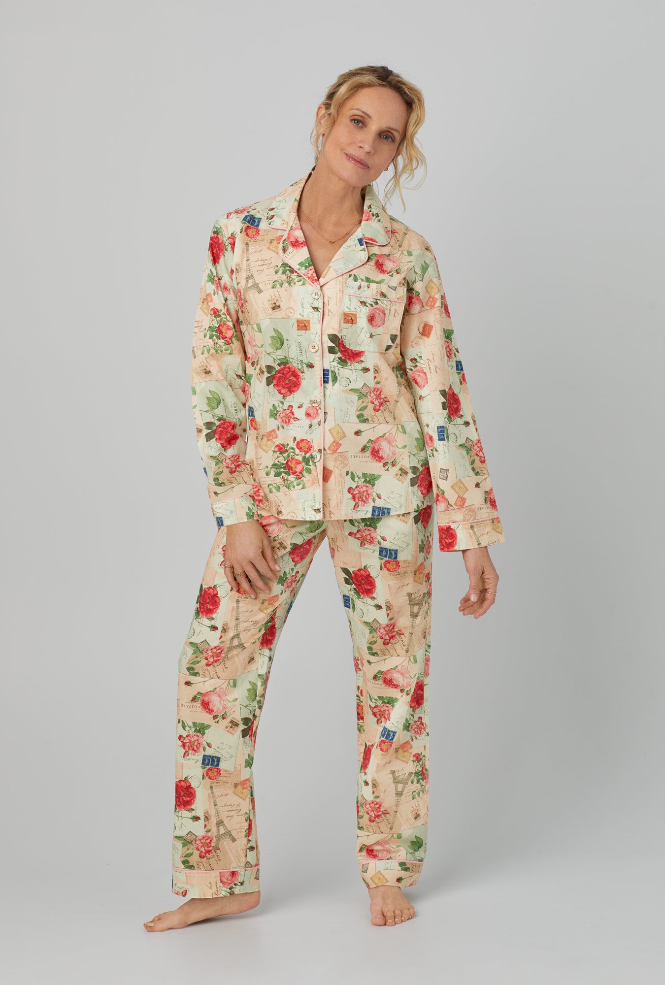 A lady wearing Long Sleeve Classic Woven Cotton Poplin PJ Set with Love Notes print