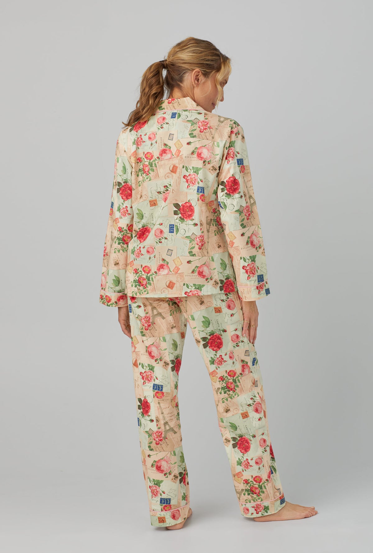 A lady wearing Long Sleeve Classic Woven Cotton Poplin PJ Set with Love Notes print