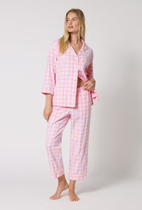A lady wearing Prairie Plaid 3/4 Sleeve Classic Woven Portuguese Flannel Cropped Pj Set looking side