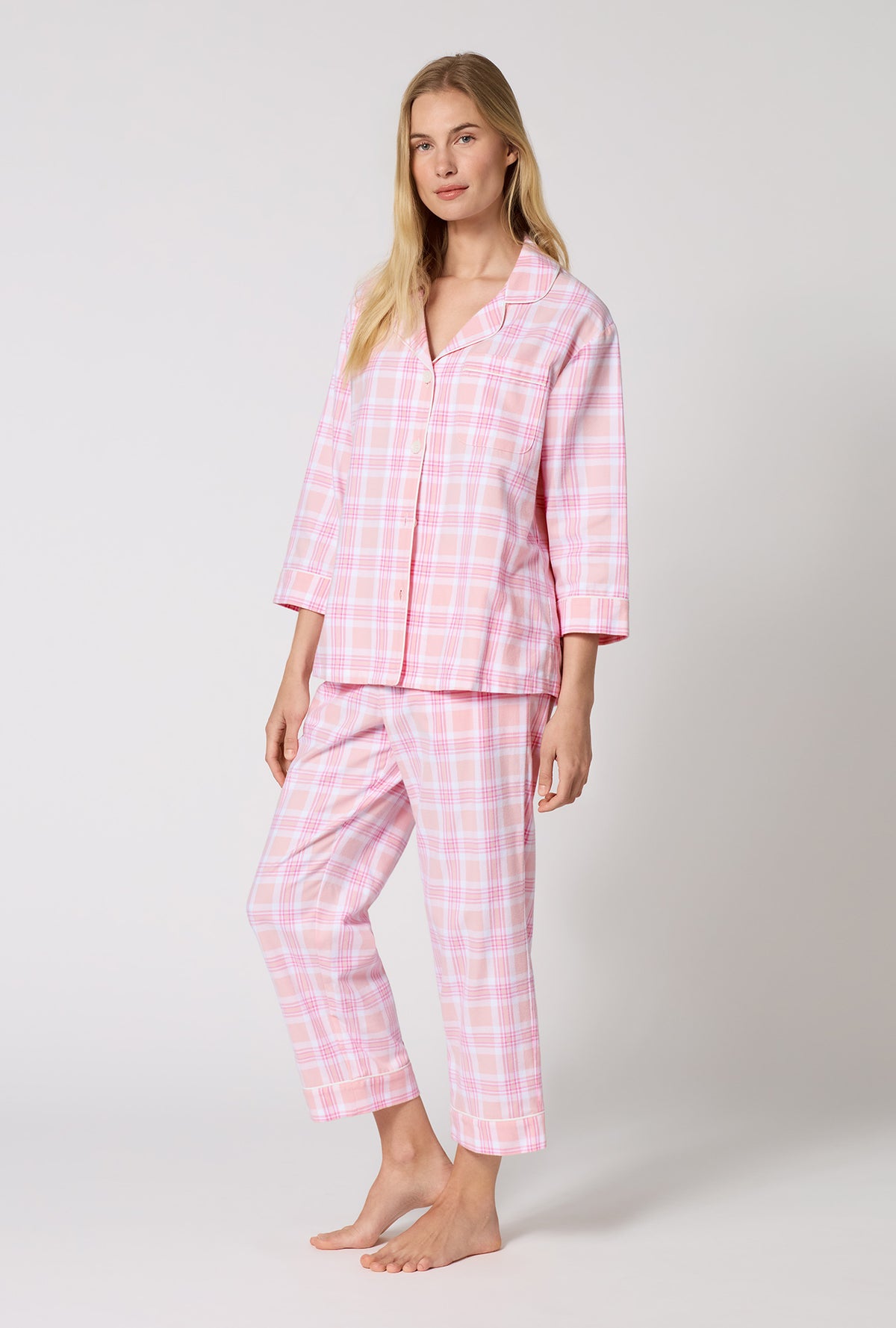 A lady wearing Prairie Plaid 3/4 Sleeve Classic Woven Portuguese Flannel Cropped Pj Set