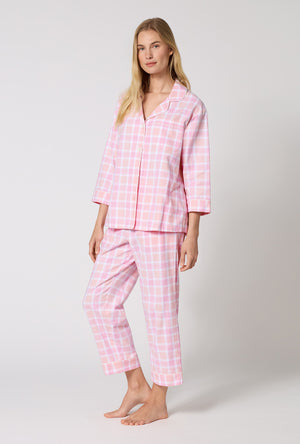 A lady wearing Prairie Plaid 3/4 Sleeve Classic Woven Portuguese Flannel Cropped Pj Set