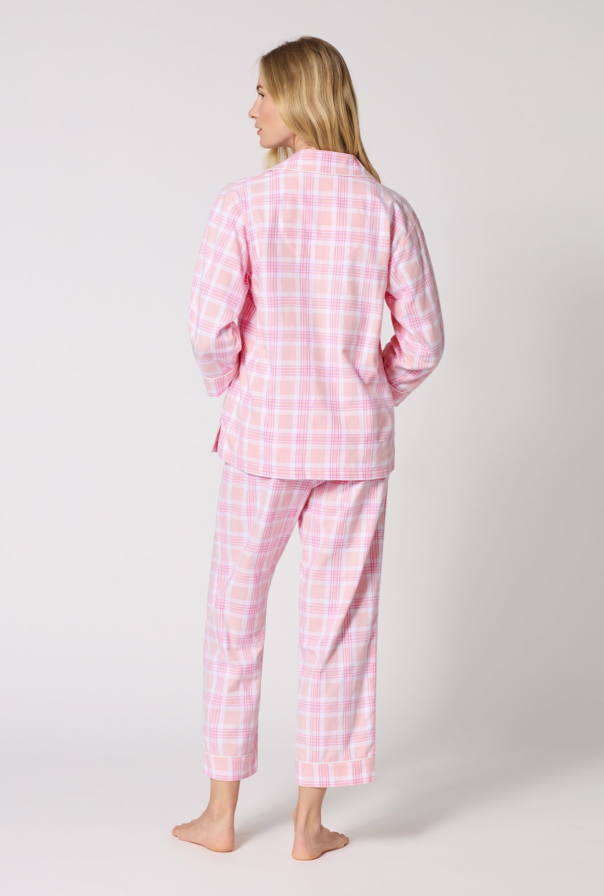 A lady wearing Prairie Plaid 3/4 Sleeve Classic Woven Portuguese Flannel Cropped Pj Set back view