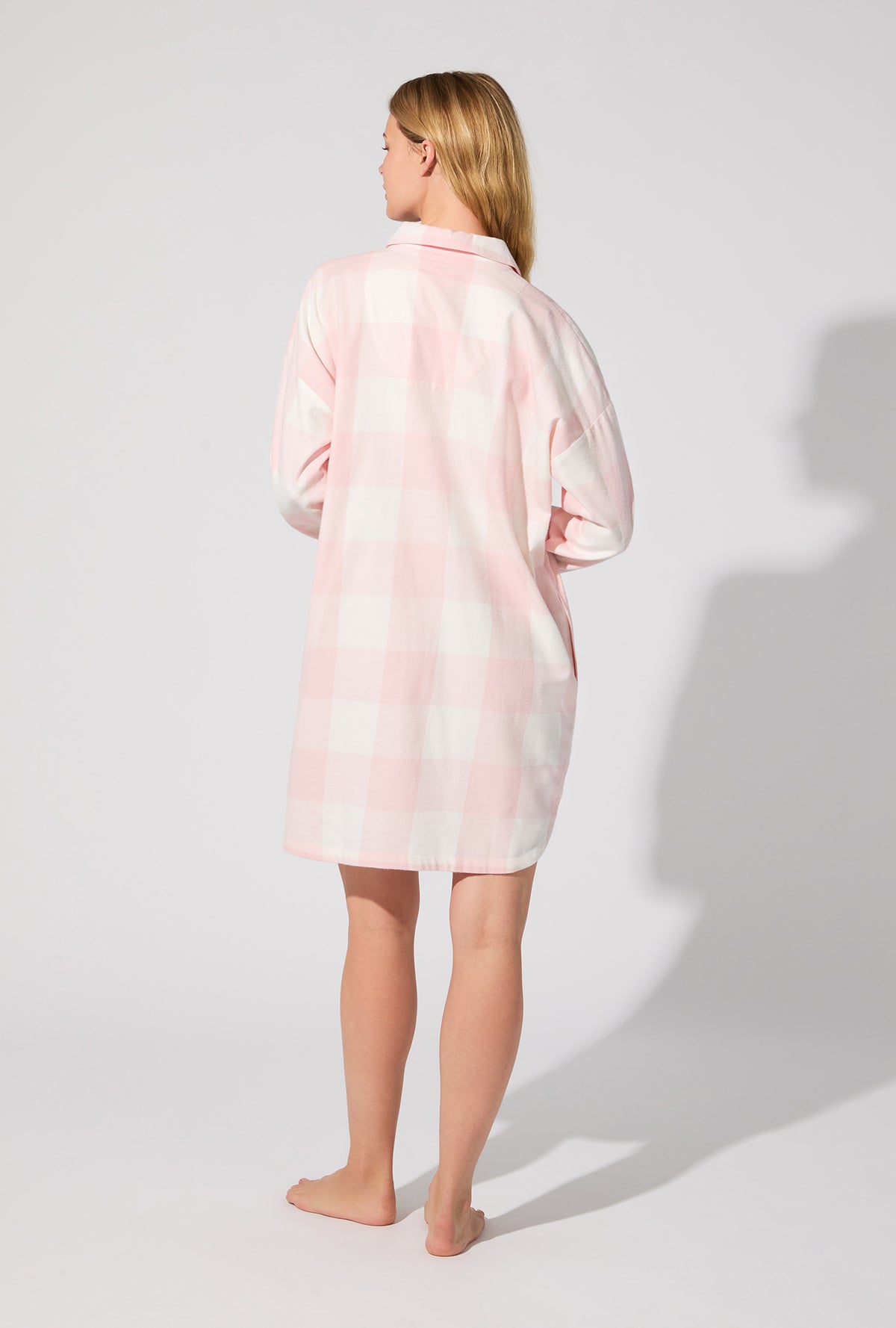A lady wearing Checking In High Low Woven Portuguese Flannel Boyfriend Shirt