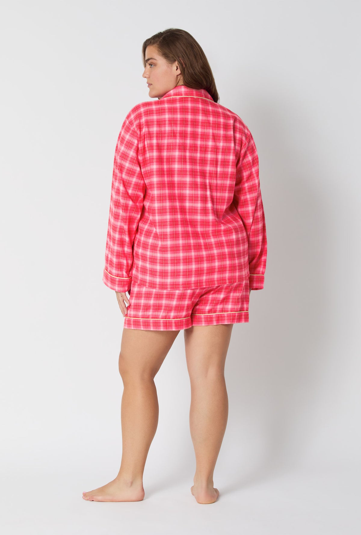 A lady wearing Wonderland Plaid Long Sleeve Classic Shorty Woven Portuguese Flannel PJ Set