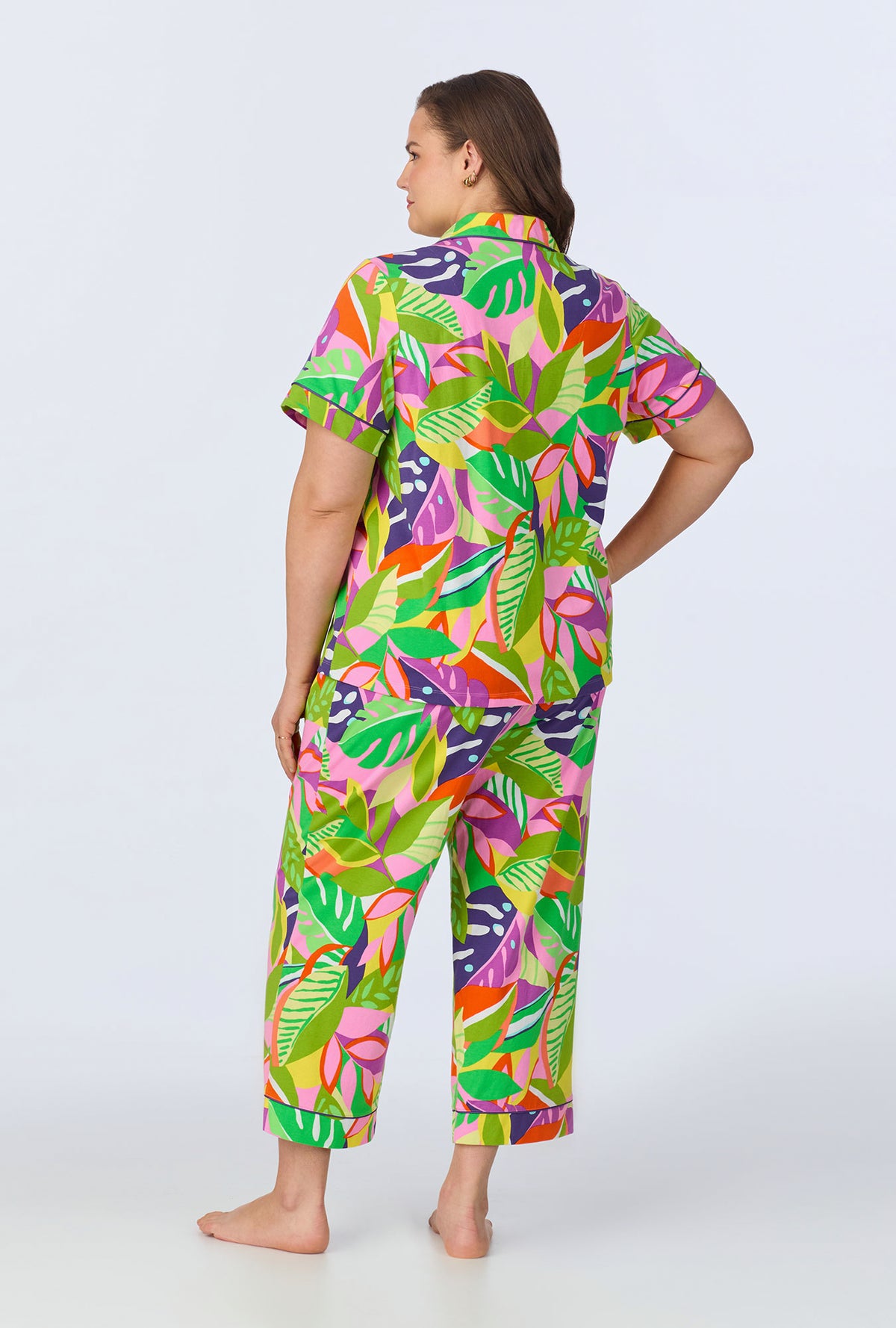 A lady wearing  Jungle Leaves Short Sleeve Classic Cropped Stretch Jersey PJ Set
