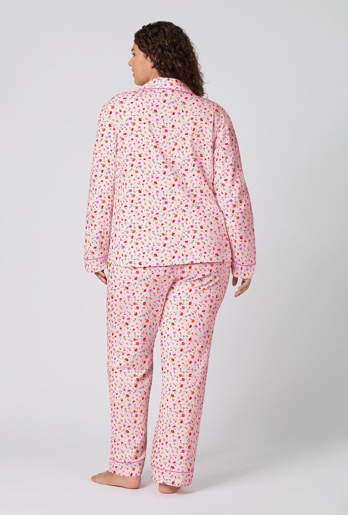 A lady wearing plus size Blushwood Long Sleeve Classic Woven Portuguese Flannel Pj Set back view