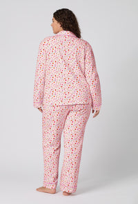 A lady wearing plus size Blushwood Long Sleeve Classic Woven Portuguese Flannel Pj Set back view
