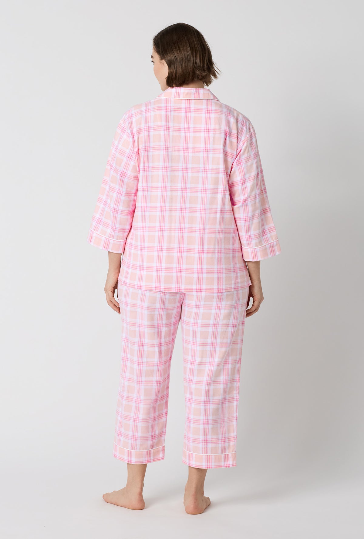 A lady wearing plus size Prairie Plaid 3/4 Sleeve Classic Woven Portuguese Flannel Cropped Pj Set back view