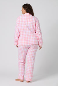 A lady wearing plus size Prairie Plaid Long Sleeve Classic Woven Portuguese Flannel Pj Set back view
