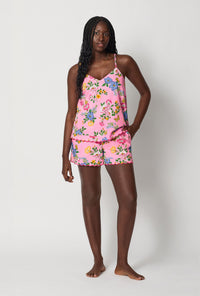 A lady wearing Pink Cami Woven Cotton Poplin Shorty Pj Set front view