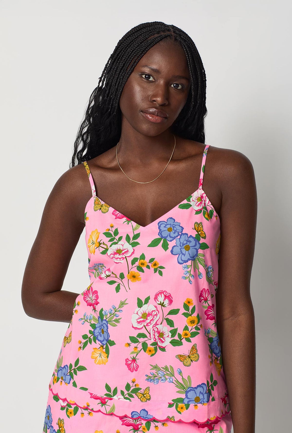 A closeup of A lady wearing Pink Cami Woven Cotton Poplin Shorty Pj Set