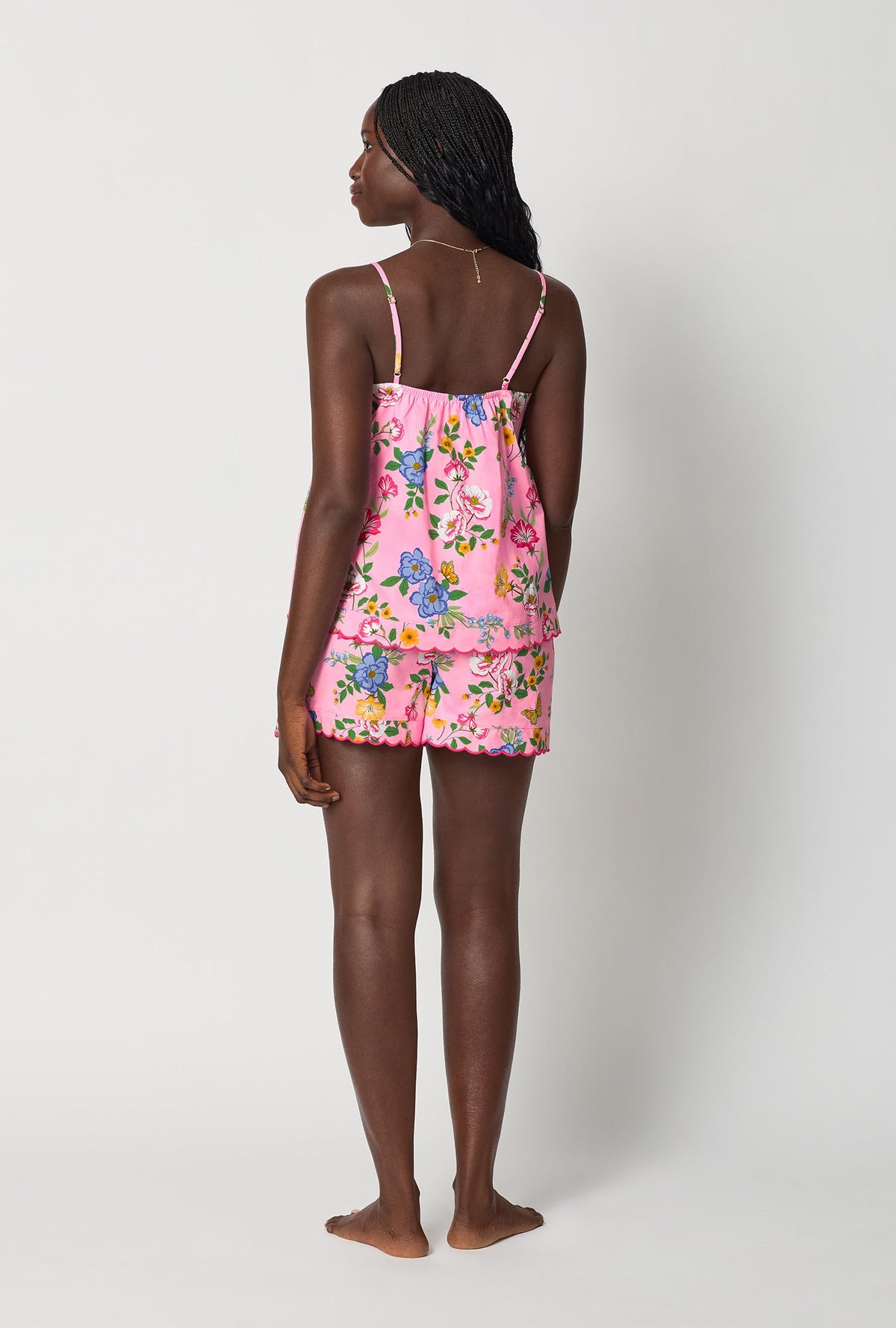 A lady wearing Pink Cami Woven Cotton Poplin Shorty Pj Set back view