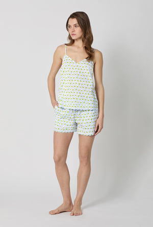 A lady wearing White Cami Woven Cotton Poplin Shorty Pj Set front view