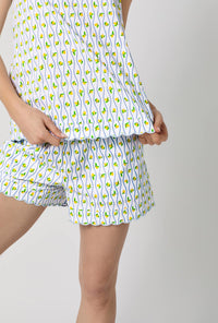 A closeup of A lady wearing White Cami Woven Cotton Poplin Shorty Pj Set