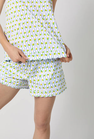 A closeup of A lady wearing White Cami Woven Cotton Poplin Shorty Pj Set