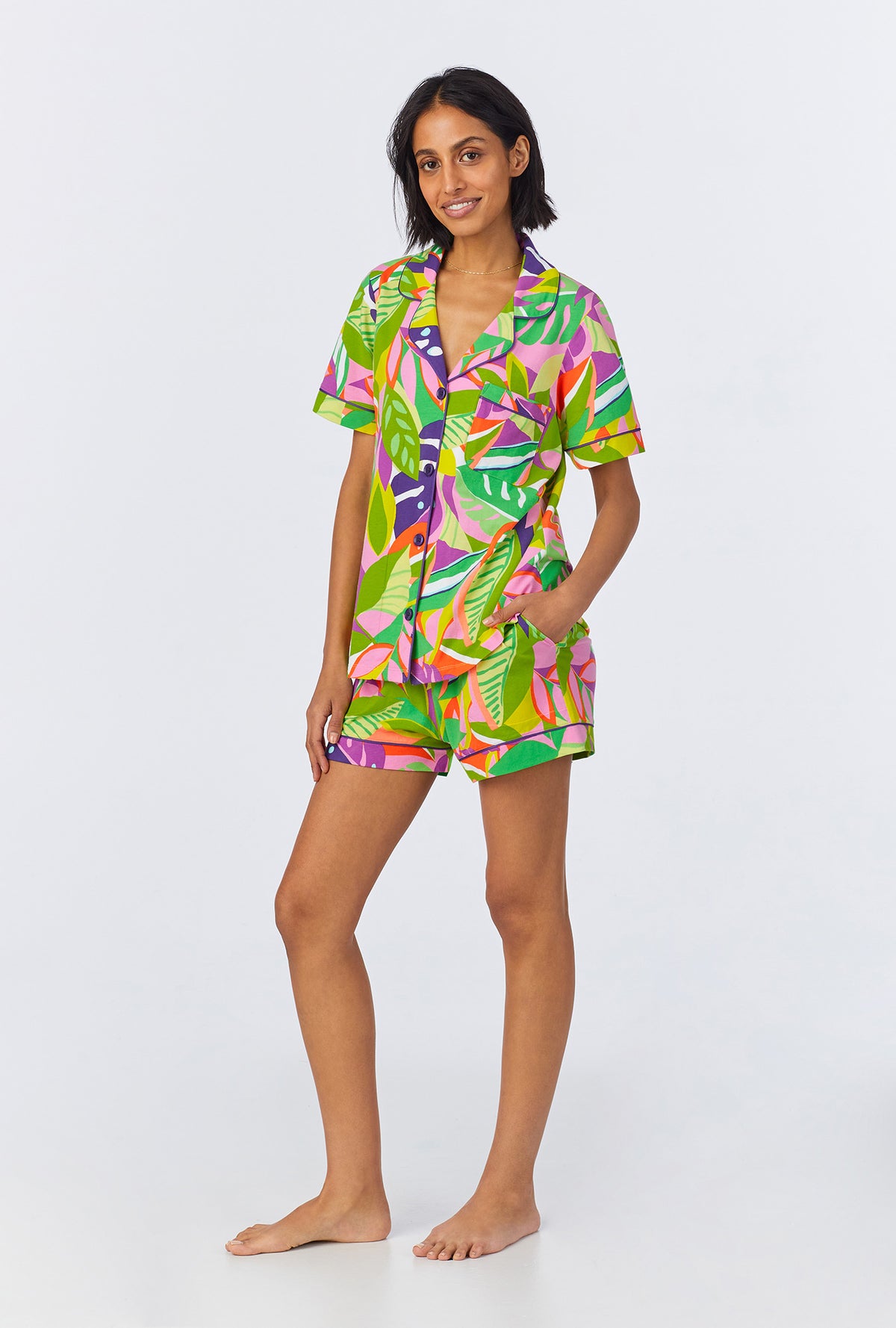 BedHead x Trina Turk Jungle Leaves Short Sleeve Classic Shorty Stretch Jersey PJ Set