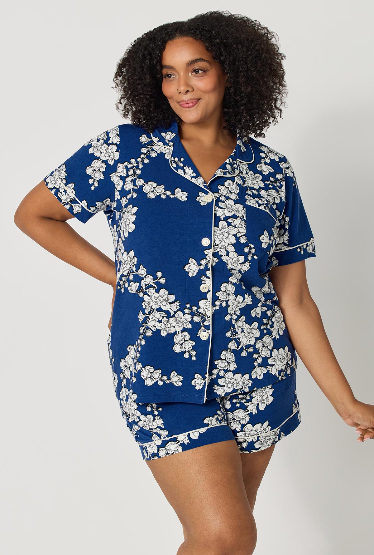 Navy Shadow Blossom Short Sleeve Classic Shorty Stretch Jersey PJ Set