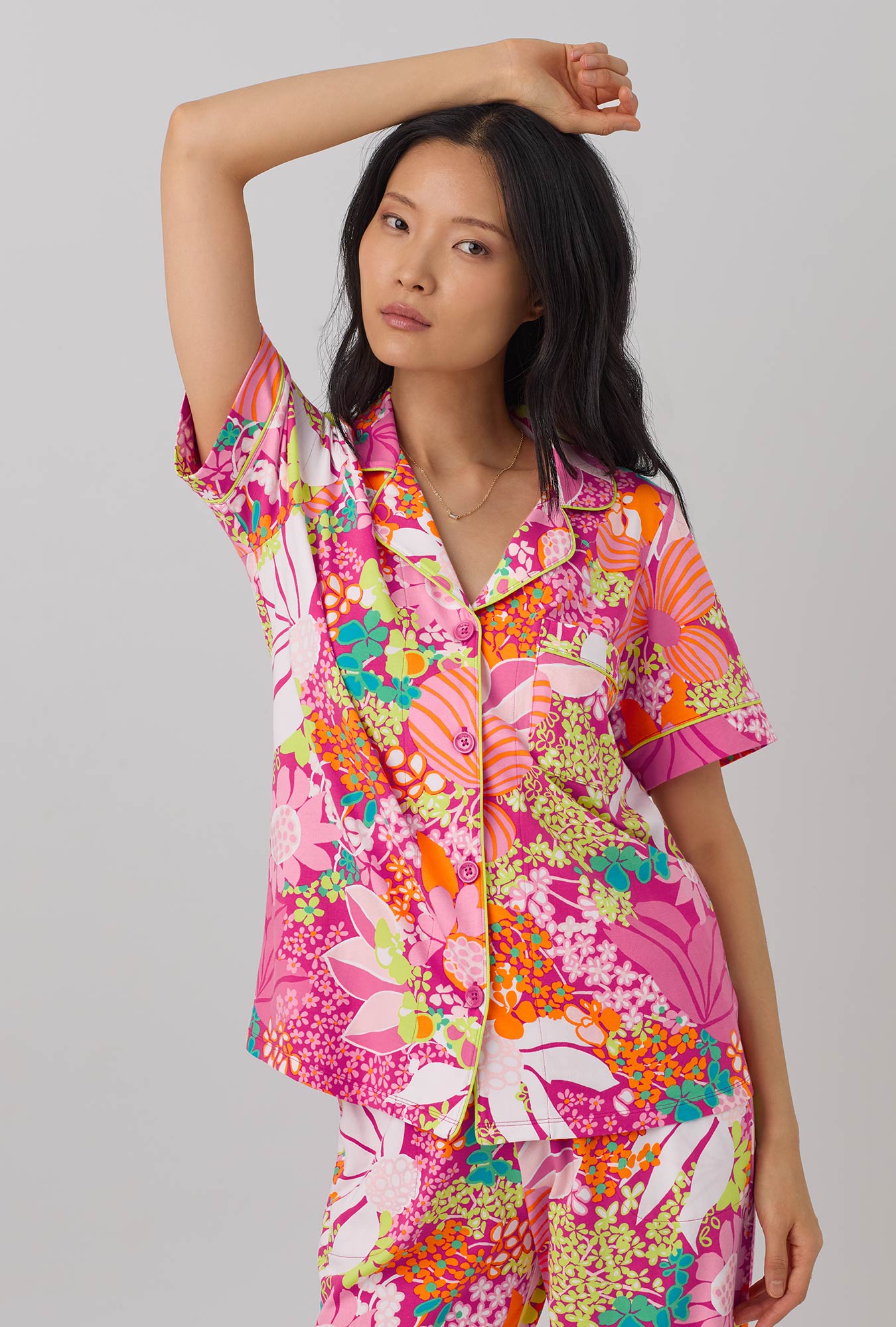 A lady wearing Short Sleeve Classic Stretch Jersey Cropped PJ Set with fiesta floral print