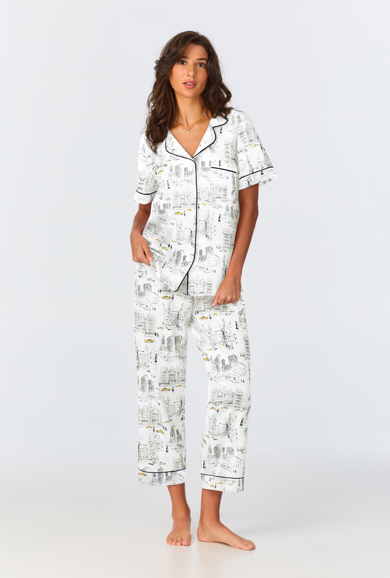 A lady wearing City That Never Sleeps Short Sleeve Classic Stretch Jersey Cropped PJ Set