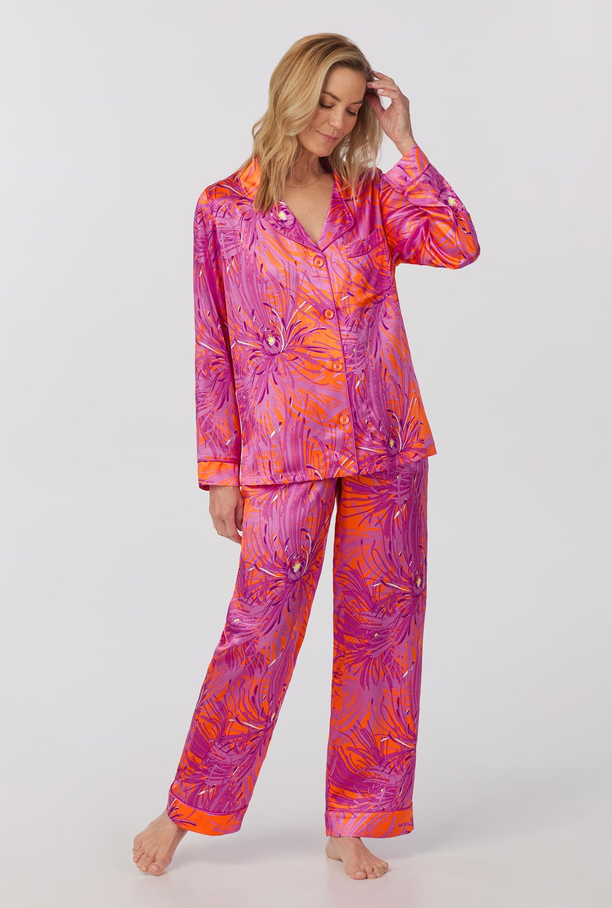 A lady wearing long Sleeve Classic Washable Silk PJ Set with  Fuji Mums print