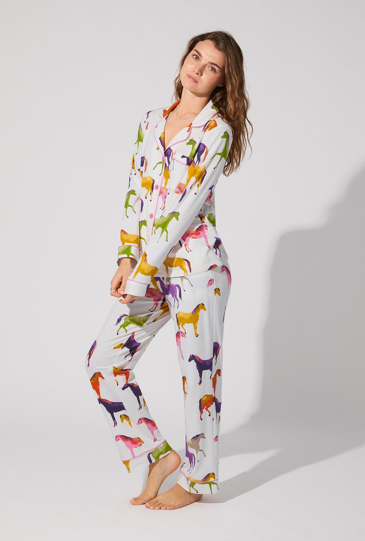 A lady wearing Equestrian Parade Long Sleeve Classic Stretch Jersey PJ Set